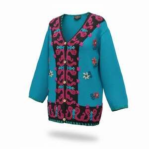 Vintage Carole Little Teal Blue Embroidered Chunky Knit Cardigan Sweater Large